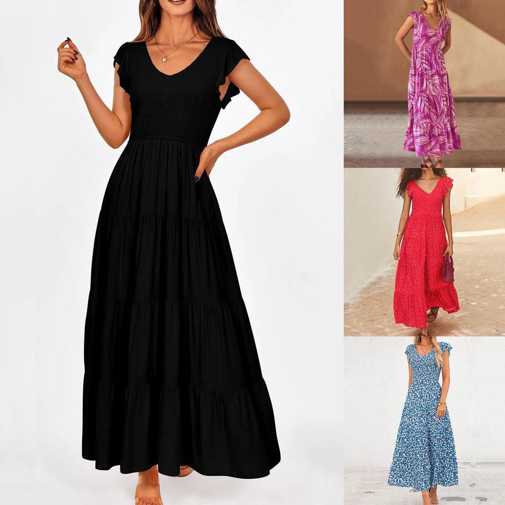 Women's Summer Flowy Maxi Dress Casual Cap Sleeve V Neck Smocked Beach Cotton Midi Dresses