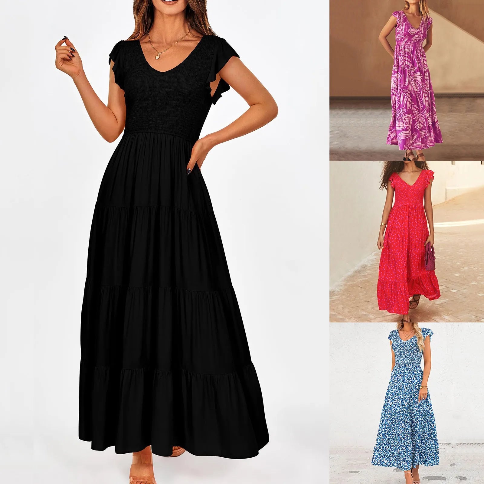 Women's Summer Flowy Maxi Dress Casual Cap Sleeve V Neck Smocked Beach Cotton Midi Dresses