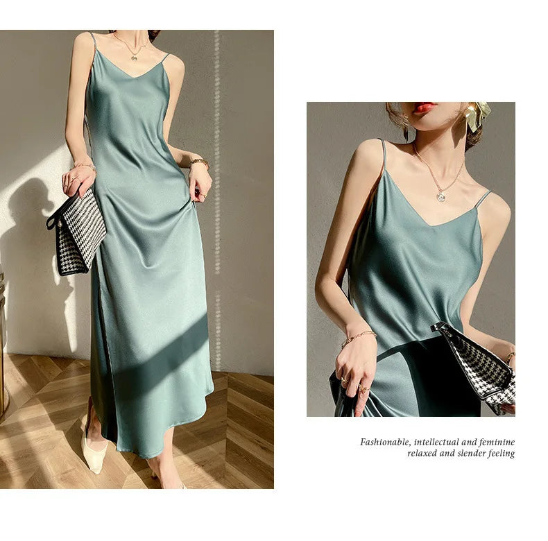 Sexy Solid Color Camisole Nightgown for Women Midi Length Sleeveless Slip Dress Inner Layer Base Dress Home Sleepwear Nightwear