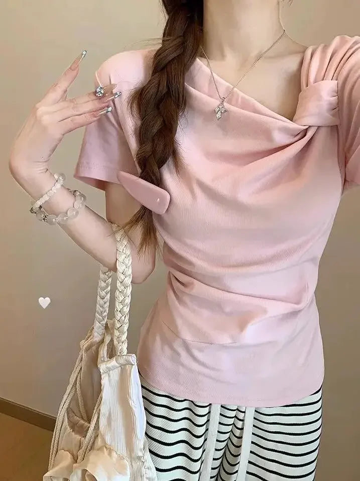 Slim Fit Short Sleeve T-Shirt Women's Shoulder Bared Folded Design Casual Versatile Summer Top for Petite Ladies