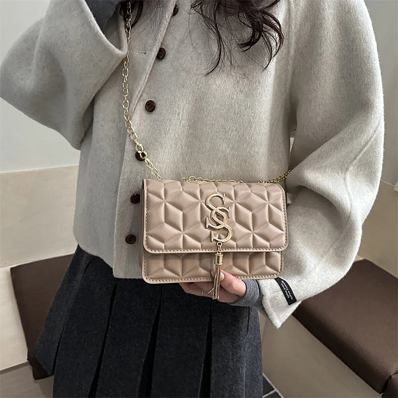 Fashionable Small Fragrant Style Argyle Quilted Small Square Bag Metal Letter Tassel Diagonal Cross Bag Commuter Shoulder Bag