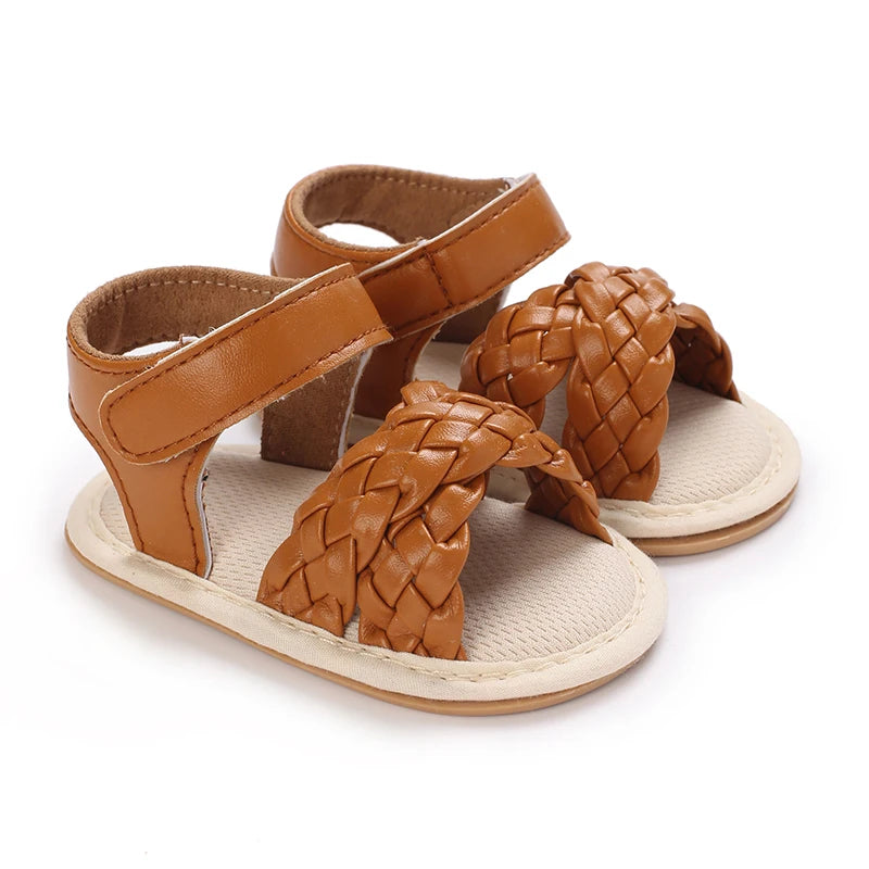 Baby Girls' Brown Leather Sandals - Soft Rubber Sole, 0-18 Months