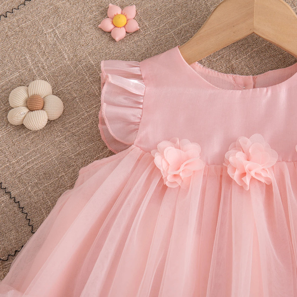 Korean Style Sweet Solid Color Baby Girl Dress Summer Fashion Flower Birthday Party Gift or Wedding Princess Fairy Toddler Dress