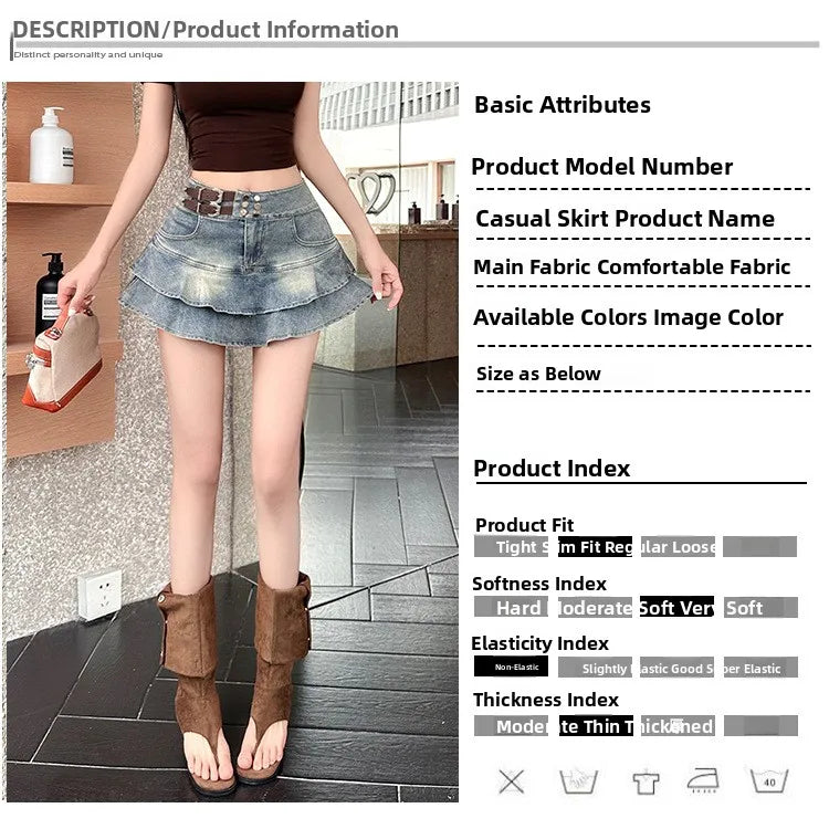 2026 American Pure Desire Spicy Girl Design Elastic Denim Skirt Half-length Pleated Cake Skirt Short Commute High Elasticity