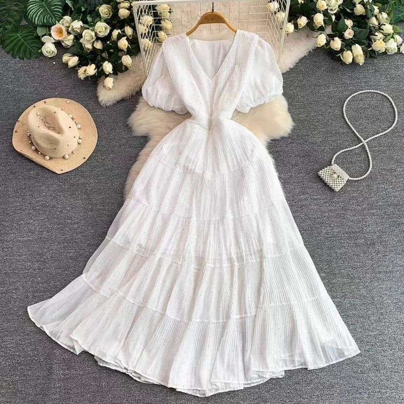 Summer Polka Dot Woman Elegant Dress Fashion V Neck Puff Sleeve Vestidos Korean A-Line Pleated Dresses 2026 Vestidos De Mujer