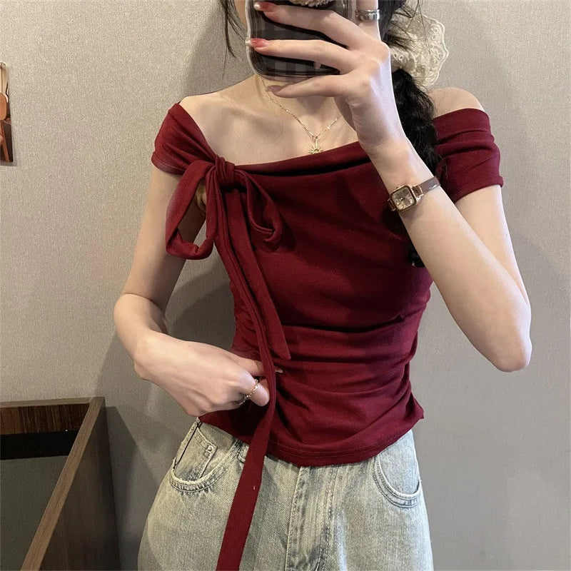 Sexy Spice Girl Shoulder Short Tshirt Women's Strap Slit Cleanfit Style Ladies' T-shirt Linen Fabric A-line Sleeve Other Mate...