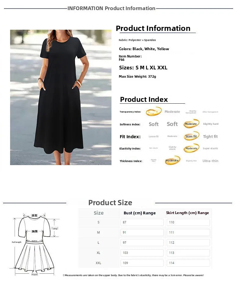 Casual Versatile High Quality round Neck T-Shirt Dress Fashionable Trendy Polyester Long Skirt Elegant Style All-Match Design