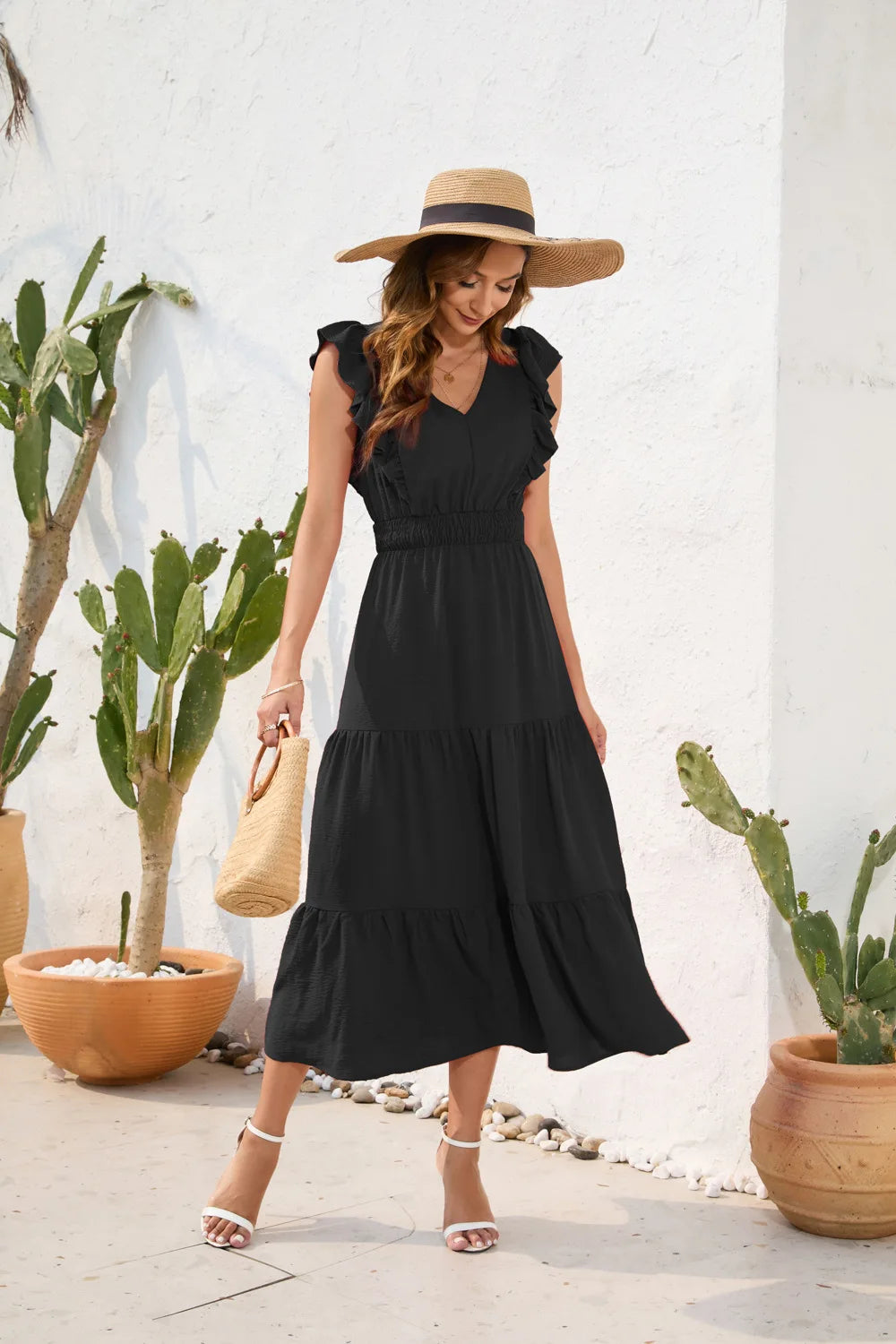 VigoCasey 2026 Summer Female Solid Long Dress Women Sexy Ruffle Sleeveless V Neck Long Dress Lady Casual High Waist Dresses