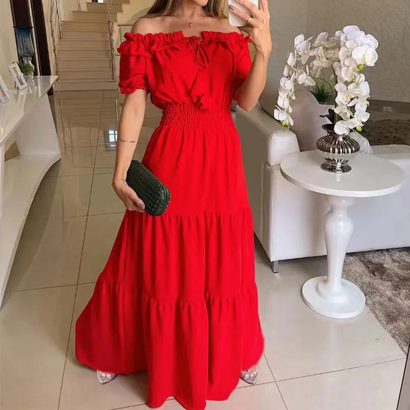 2026 Elegant Women's Off Shoulder Ruffle Sleeve Dress Fashion Solid Color Elastic Waist Tiered Maxi Dresses
