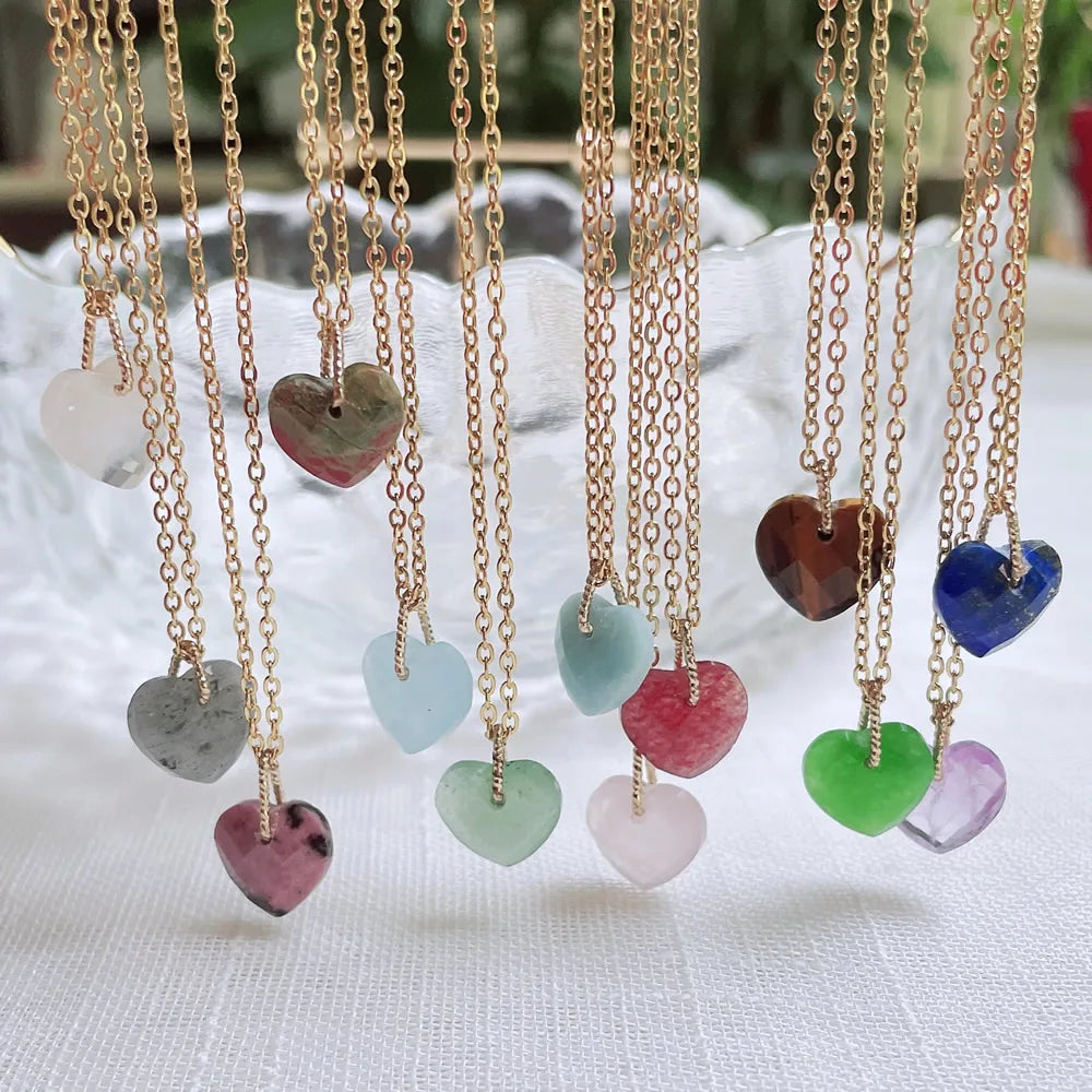Korean Fashion Real Natural Crystal Stone Pendant Necklace Minimalist Jewelry Mini Small Heart Pendulum Steel Chain Women Choker