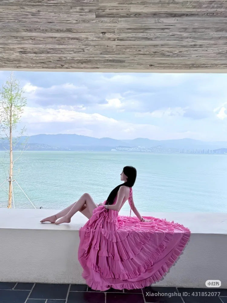 Beach Vacation Pure Desire Style Women's Long Fairy Skirt Off-Shoulder Gown V-Neck Sleeveless High Waist Midi Dress