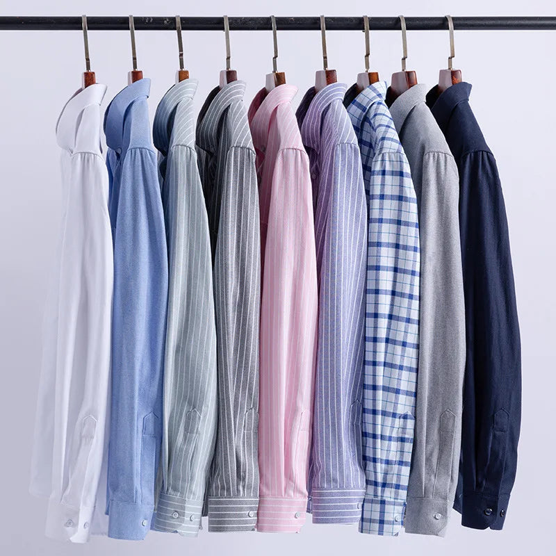 New 100% Cotton Oxford Men Shirts Long Sleeves Plaid Soft Regular Fit Formal Dress Shirt Pocket Social Blouse Male Clothes S-7XL