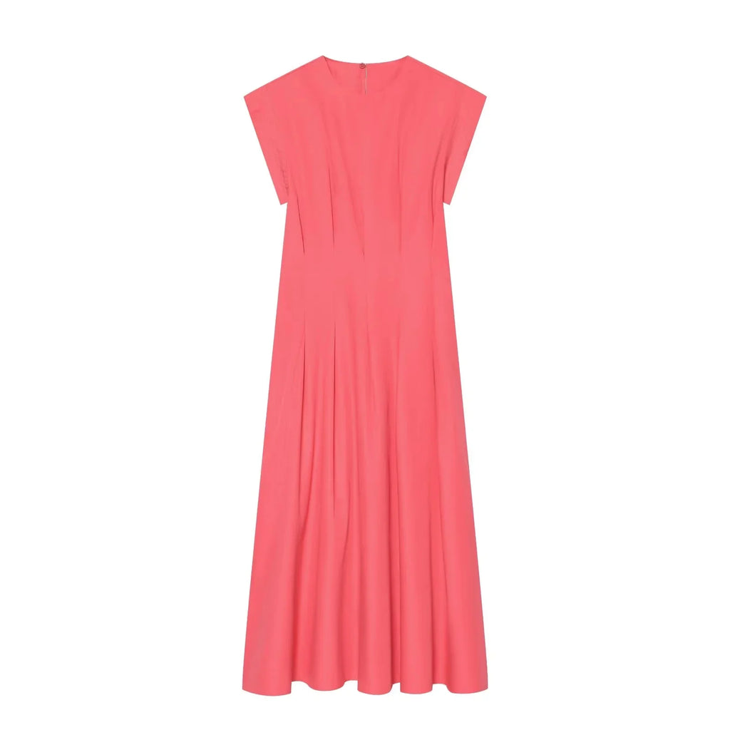 BSAY 2026 Minimalist Solid Color Long Dress Ladies Round Neck Cap Sleeve Waist Flowy A Line Maxi Dress Casual Vacation Sundress