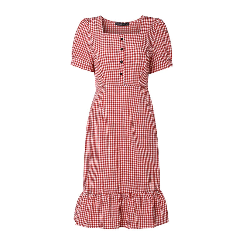 ZANZEA Vintage Gingham Knee-Length Dress Woman Suqare Neck Puff Sleeves Ruffled Hem Dresses Summer Casual Daily Wear Vestidos