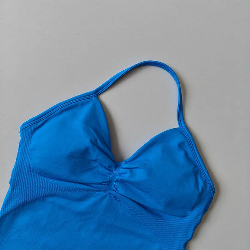 Longline Strappy Seamless Yoga Tank Top Ruched Backless Gym Workout Sleeveless Shirts with Built-in Bra Vest for Women