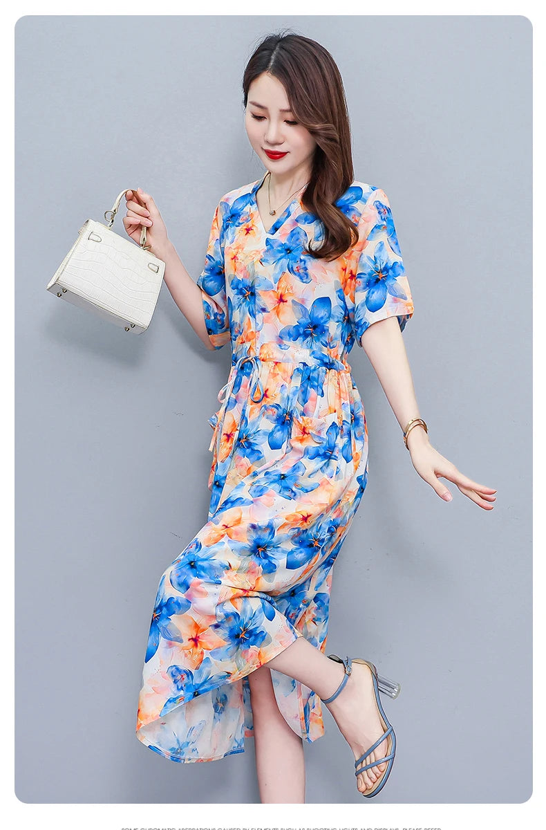 New Fashion 2025 Summer dresses For Women V-Neck Plus Size Woman Cothing Loose Short Sleeve Women Print Dresses