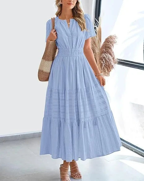 Summer Solid Color V-neck Tight Waist Dress French Style Elegant Pleated Large Swing Long Dress Casual Vacation Style Slimming M