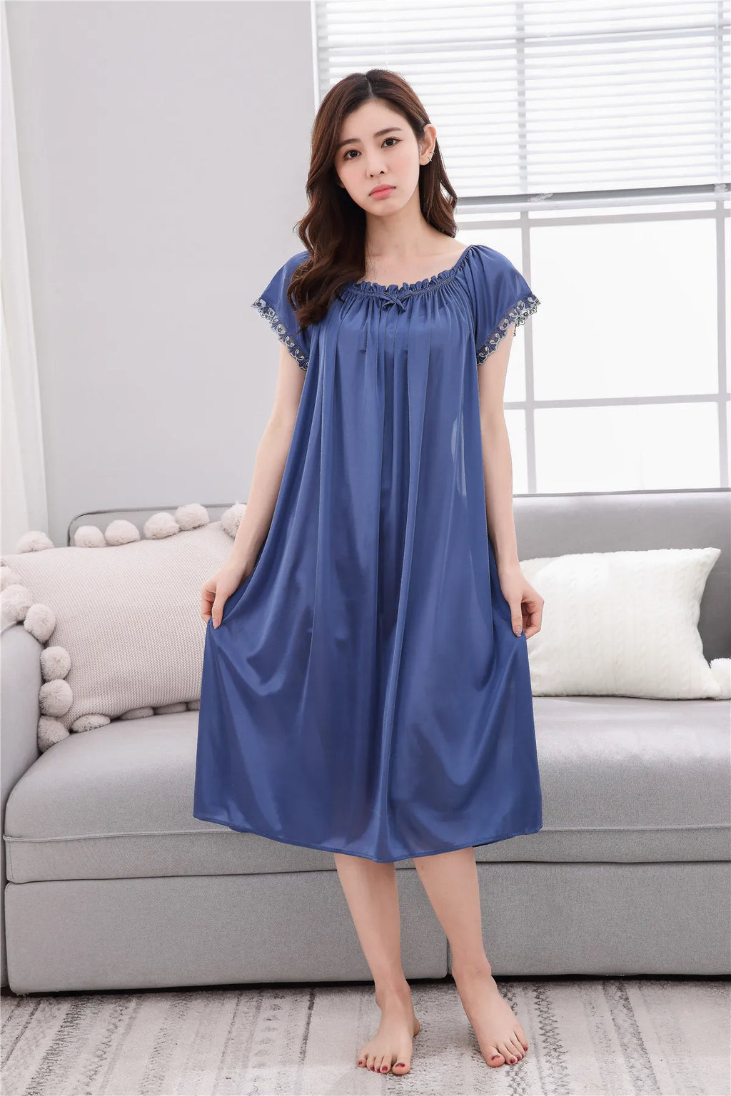 2026 New Women's Summer Imitation Silk Sleeping Skirt Multi Colored Short Sleeved Home Clothes Ice Silk Pajama Dress