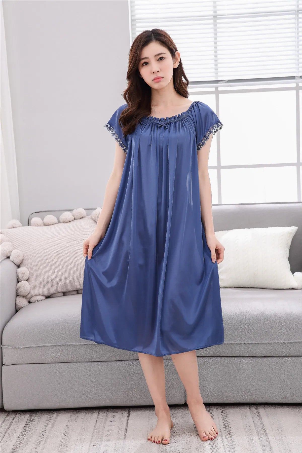 2026 New Women's Summer Imitation Silk Sleeping Skirt Multi Colored Short Sleeved Home Clothes Ice Silk Pajama Dress
