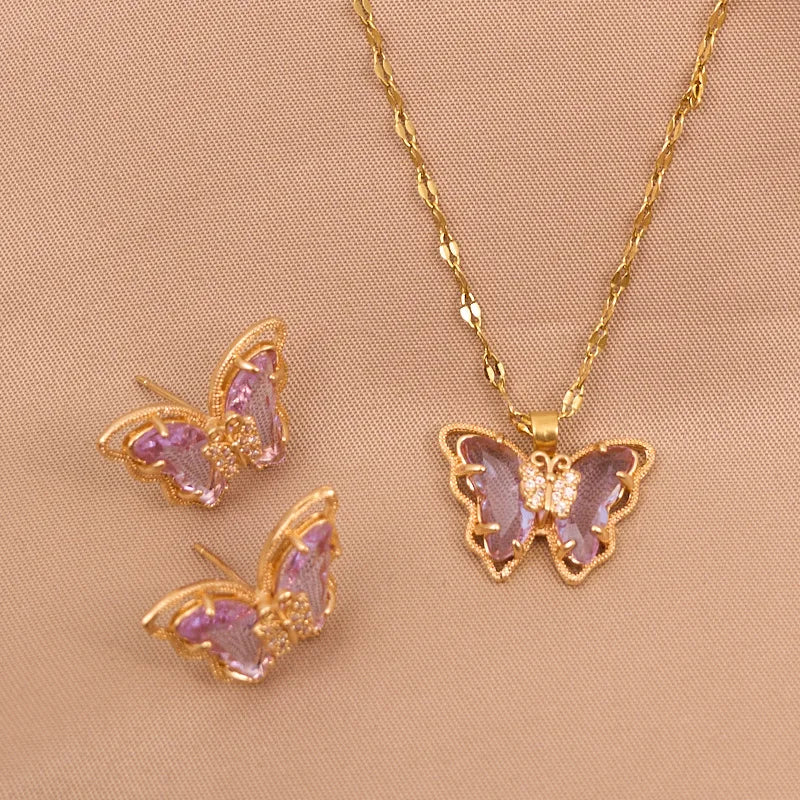 ZAKOL 2PCS/Set Exquisite Green Black Yellow Purple Crystal Butterfly Jewelry Set Fashion Necklace Earrings Party Jewelry Set