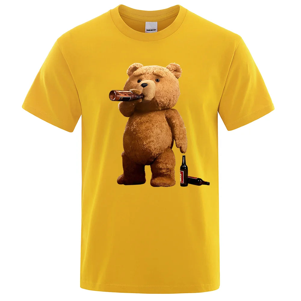 Lovely Ted Bear Drink Beer Poster Funny Printed T-Shirt Men Fashion Casual Short Sleeves Loose Oversize Tee Street Hip Hop Tops