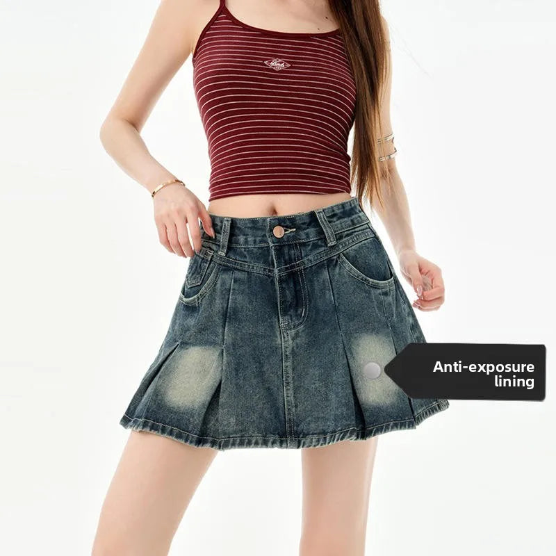 Trendy High Waist Pleated  Denim Skirt Women's Spring Summer New Lazy Style A-Line Half-length Jeans Skirts