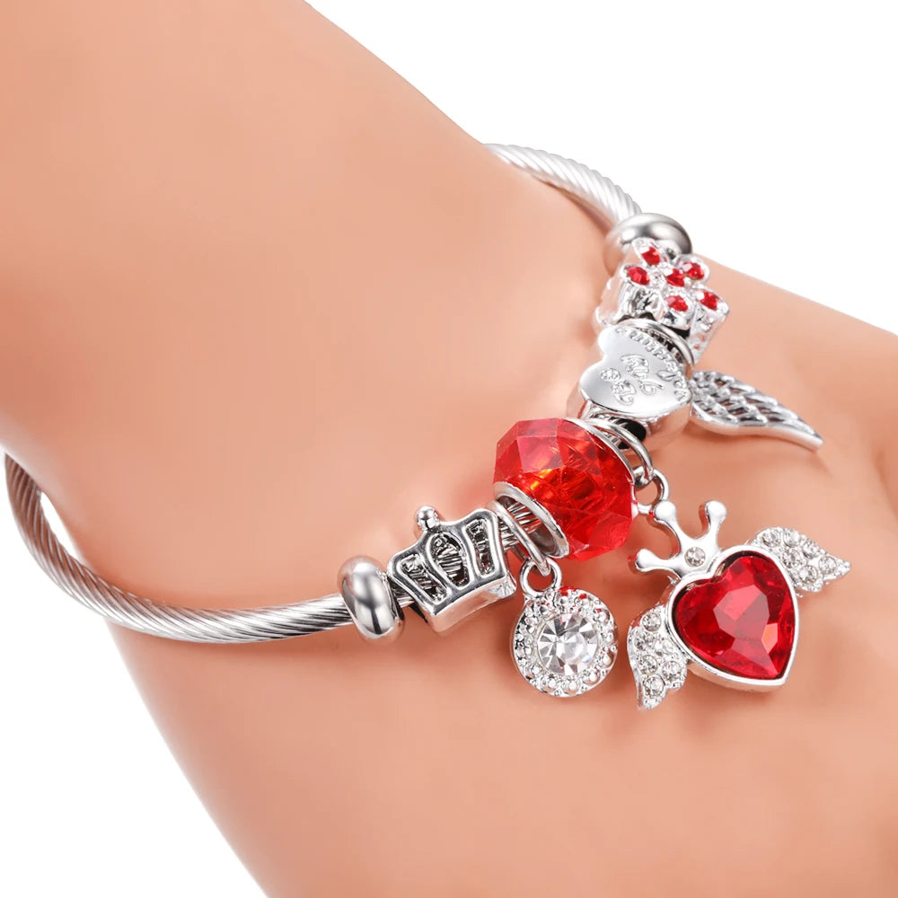 New Trendy Rhinestones Dragonfly Crystal Beaded Pendant Bracelet Stainless Steel 4 Colors Closure Bangles Women'S Bracelet Jewelry