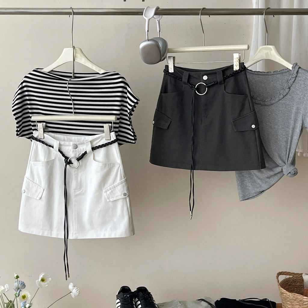 American Retro Versatile Denim Washed Cotton Workwear Mini Skirt Women Summer Korean Chic Bodycon Sexy A-Line Half-length Skirt