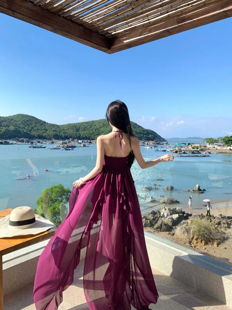 Purple Beach Vacation Photography Dress Women's Sleeveless Gown Luxury Design Sensation Halter Neck Chiffon Long Skirt