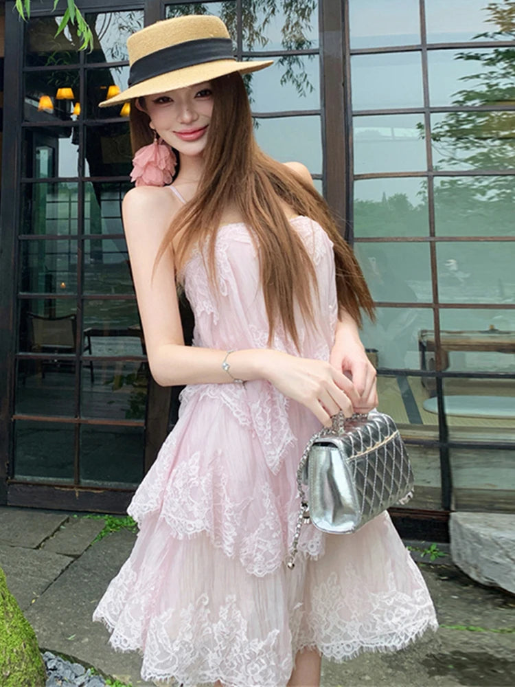 Sexy Splice Lace Heavyweight Strapless Vest Dress Loose Waist Spring Summer Autumn Sleeveless Backless City Commute Daily A-L...