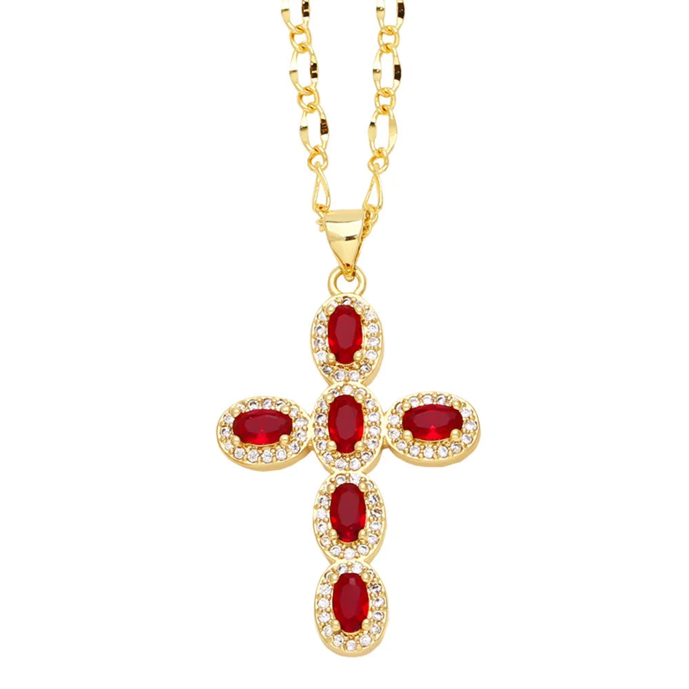 Fashion Personality 1 Piece Necklace Elegant Women'S'S Micro Inlaid Colorful Round Zircon Cross Necklace