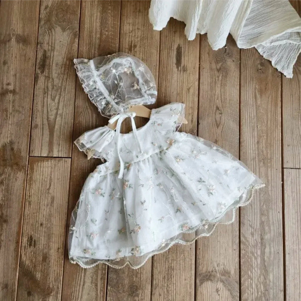 2026 Summer New Baby Girl Short Sleeve Princess Dress Sweet Girls Flower Embroidery Mesh Dress Fashion Children Clothes
