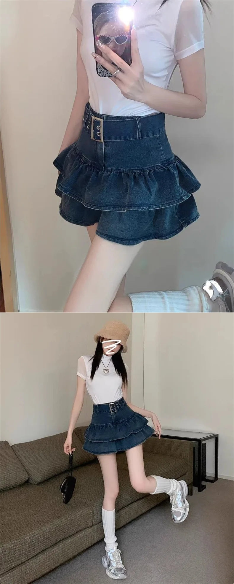 High Waist Short Denim Skirt Women's Summer Dopaamine Design Slimming A-Line Skirt with Lace Trim Super Short Casual Skirt