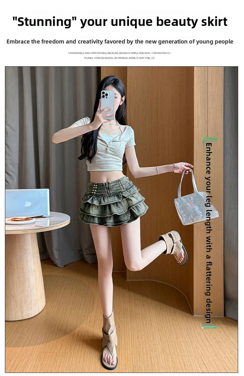 American Style Spicy Girl Design Elastic Denim Cake Short Skirt Women's Summer Pure Desire High Waist Slimming Pleated  S...