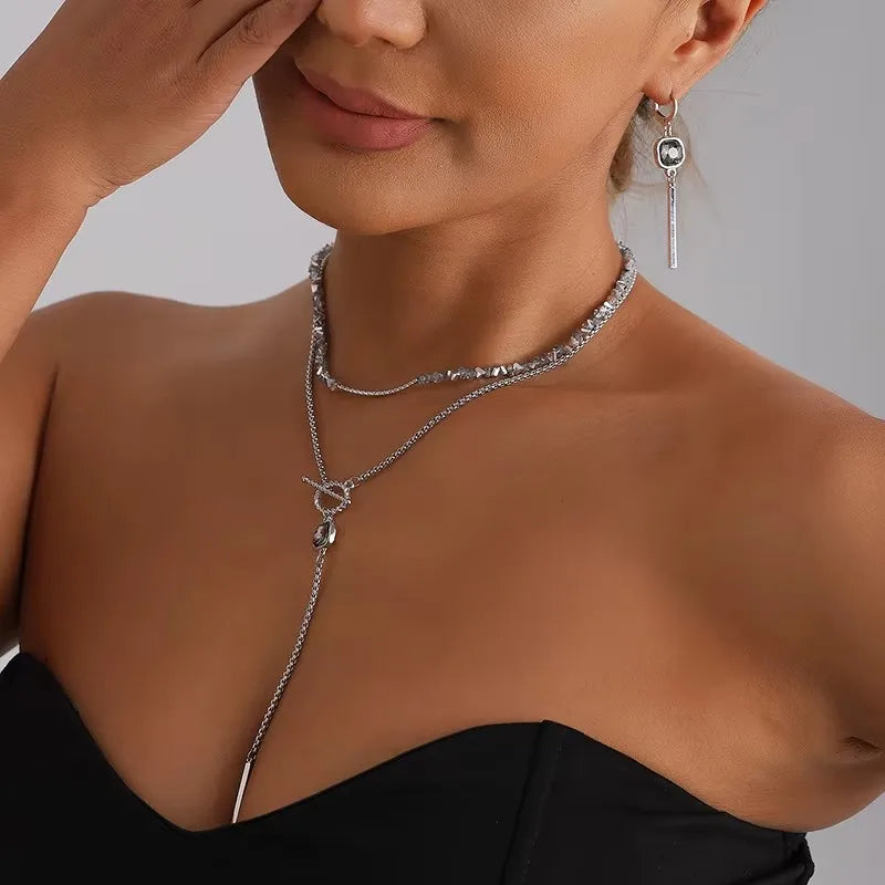 Women'S'S Gray Glass Jewelry Long Tassel Layered Bracelet Drop Earrings Fashion Accessories Trendy Daily Wear