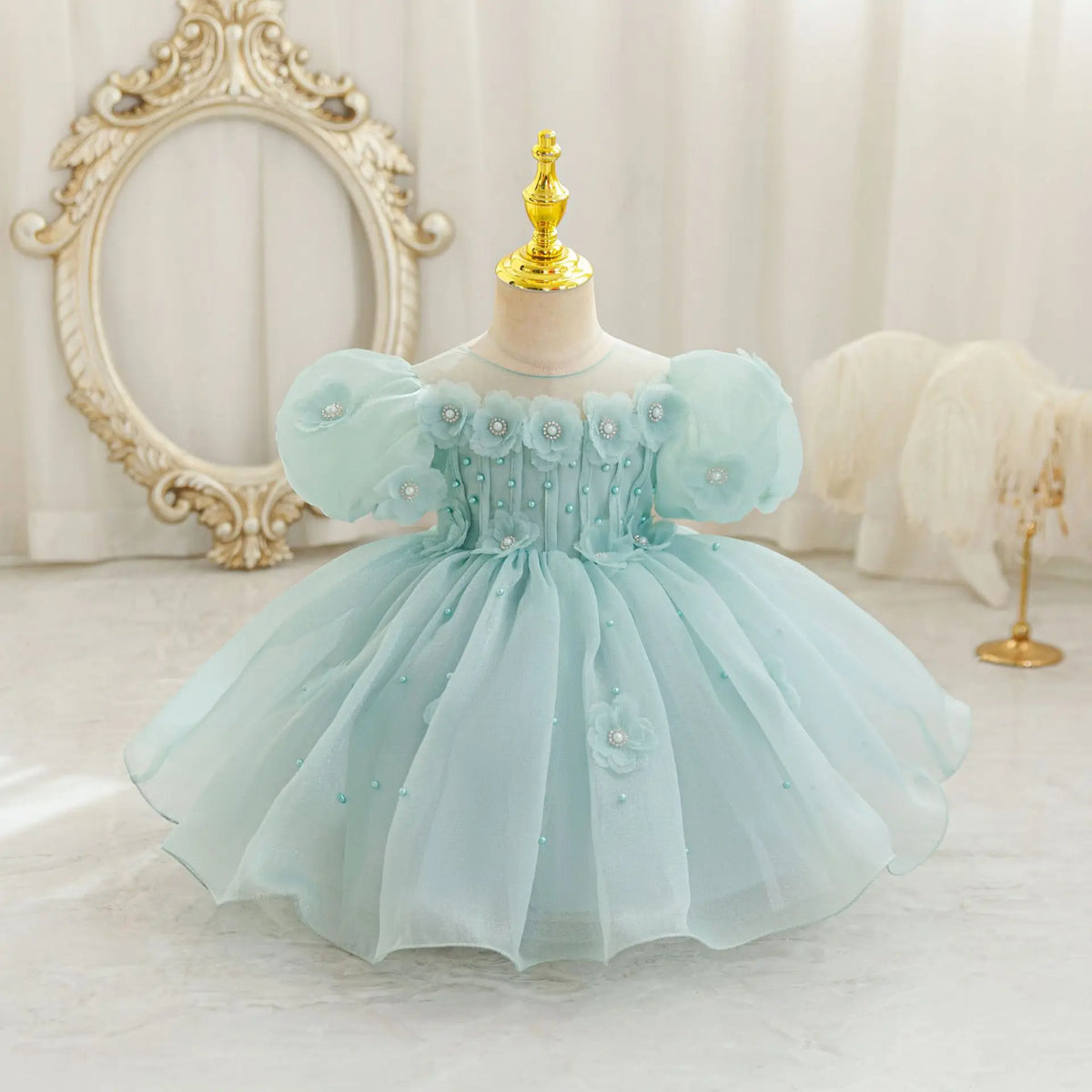 HETISO Summer Infant Baby Girl Dresses Flower Appliques Toddler Kids Birthday Party Princess Wedding Ball Gown