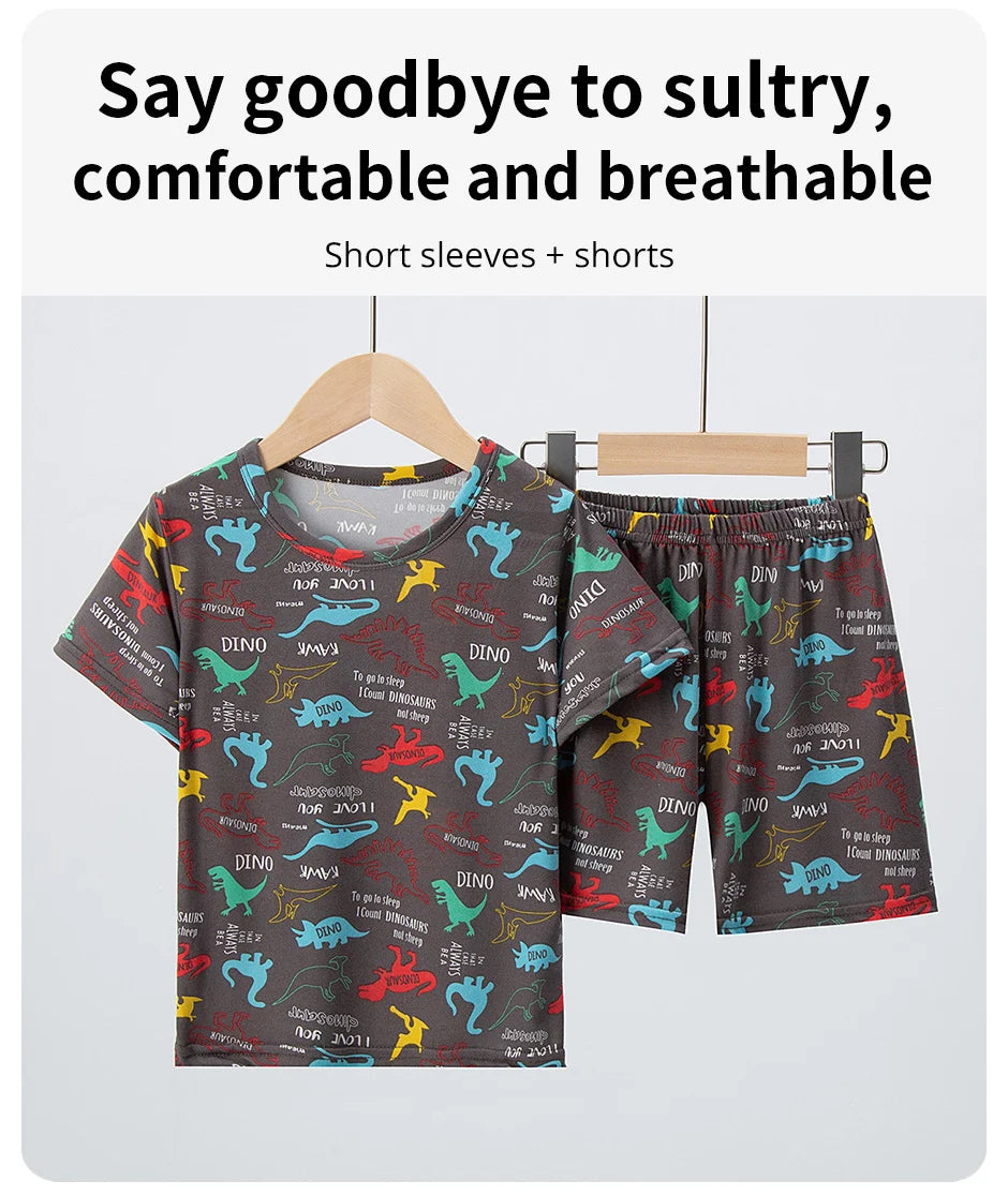 2 Pcs Summer Children's Fun Printed Shorts Short Sleeve Suit Boy Colorful Dinosaur Top Girl Sweet And Lovely Elastic Waist Short