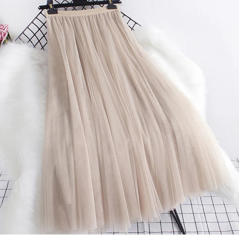 New large hem chiffon long skirt for women's Korean casual simple solid color three-layer A-line high waisted long skirt