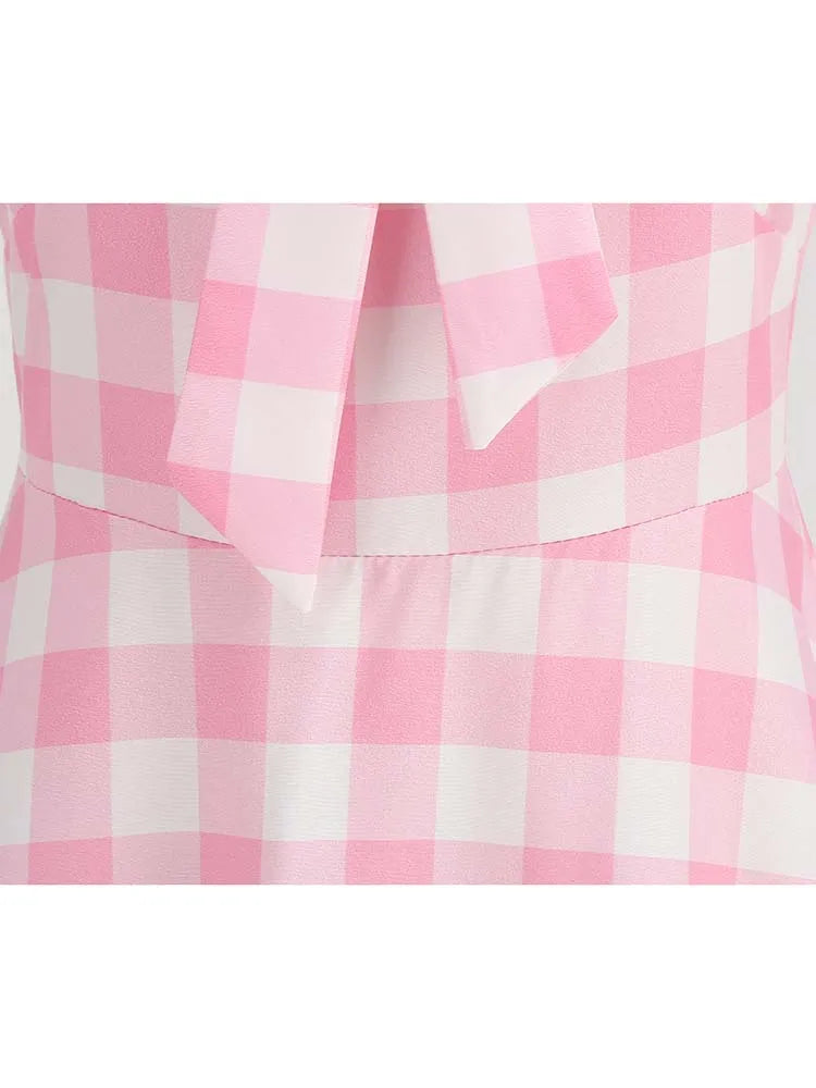 Pink Plaid Swing Party Dresses Women Elegant Vintage Square Collar Short Sleeve Casual Summer Dress