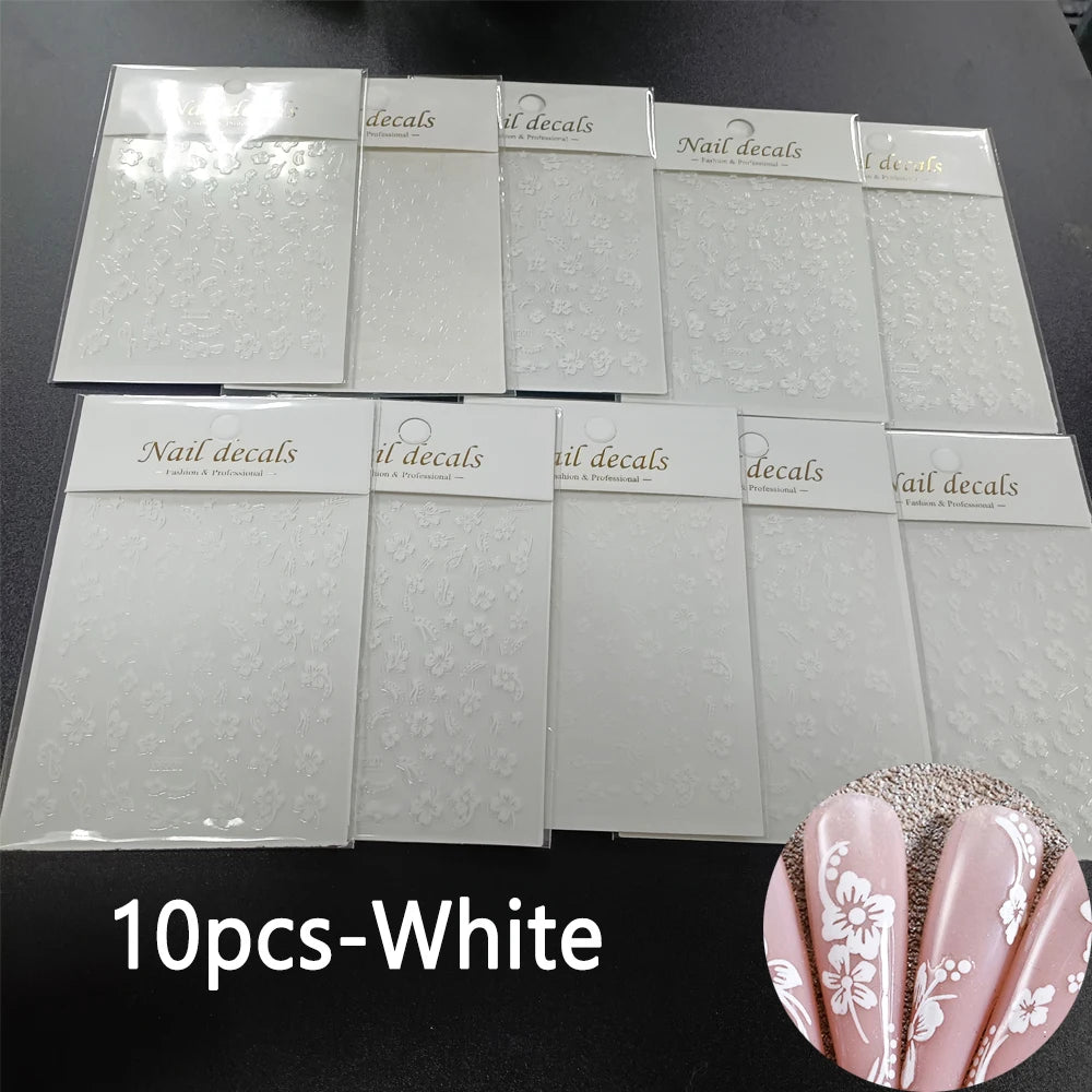 1 pieza 3D pegatinas de hibisco para uñas, flores blancas y negras, pétalos, calcomanías adhesivas, deslizadores florales rosas y dorados para decoración de uñas
