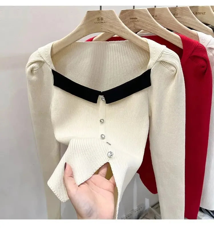 Women's Knitted Short Sweater Square Collar Base Shirt Color Collision Design Sensation Autumn Winter Special Edition Top
