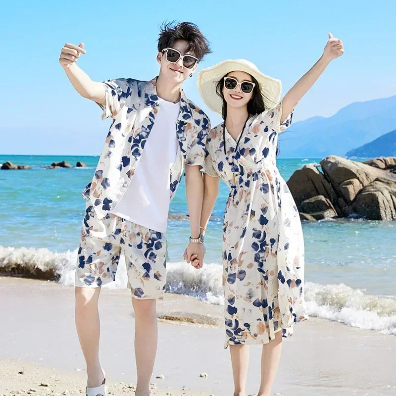 2025 Mom and Daughter Short Sleeve Dress Holiday Summer Family Vacation Look Clothes Dad and Son Shirts Two Piece Outfits Sets