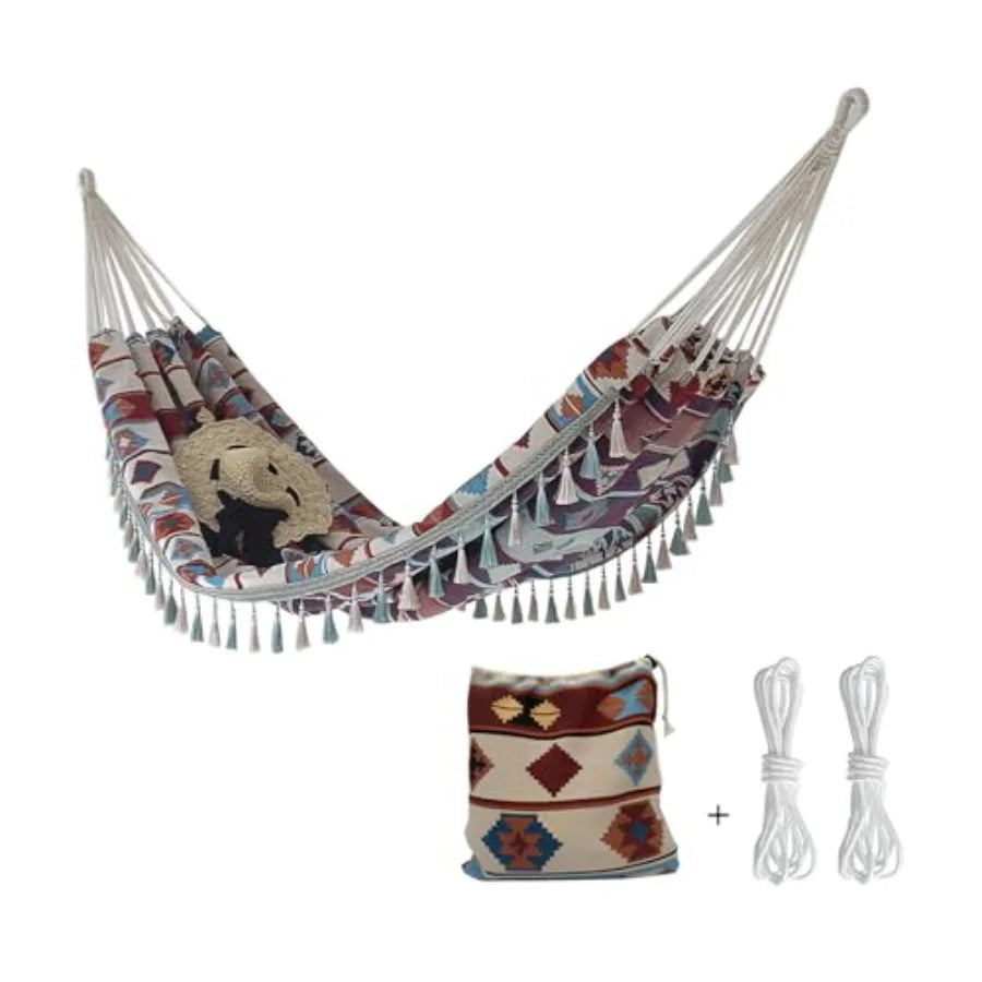 Double Boho Macrame Hammock with Tassels Portable 59''79'' Patio Hammock in Beige for Poolside Camping Porch Bedroom Balcony Ou