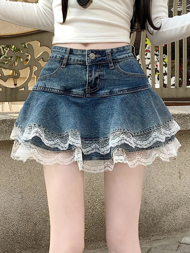 Summer Denim Skirt Women Fashion Streetwear Ruffles Kawaii Lace Skirts Shorts Preppy Mini Y2K School Pleated Jeans Skirt 2026