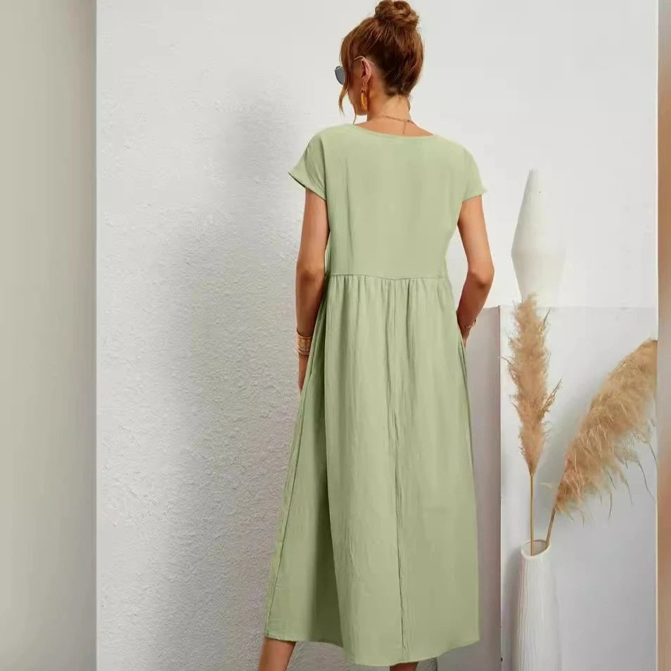 Premium Elegant Solid Cotton Linen Dress Summer Midi with Pockets Loose Fit Casual Crew Neck Short Sleeve for Beach Travel
