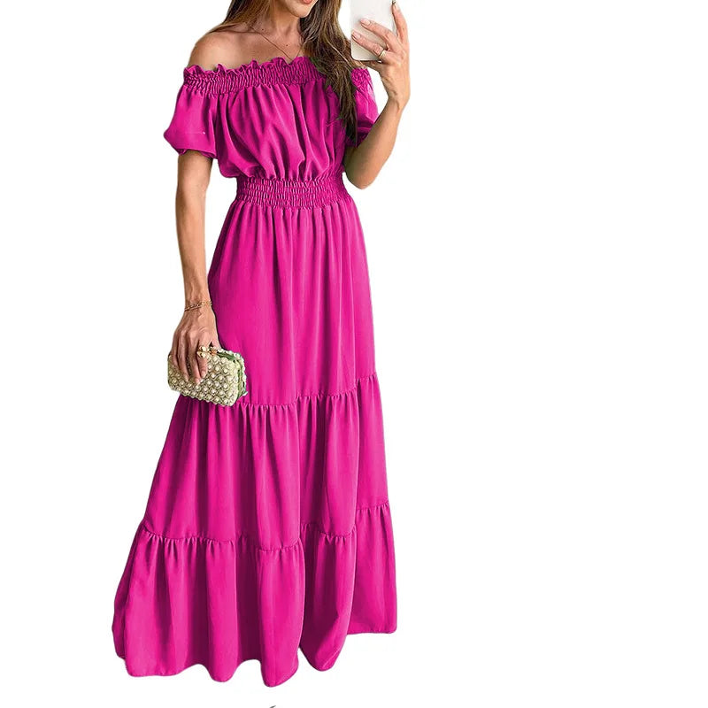 Summer Sexy Off Shoulder Slash Neck Ruffle Beach Party Dress Elegant Women Fashion Red Lace-up Pleated Holiday Long Dresses Robe