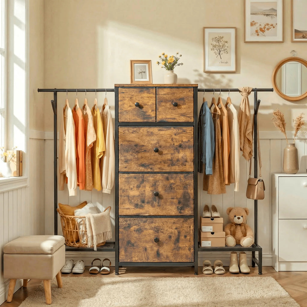3-in-1 Dresser & Hanging Rack – 57.8" Wide with 5 Drawers & Shoe Rack, Side Hooks for Bedroom Storage and Walk-in closet