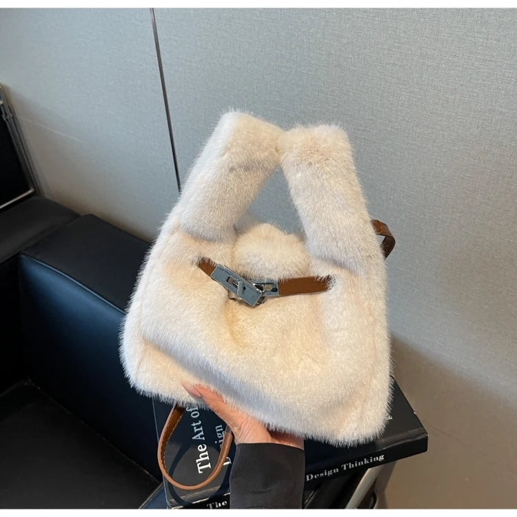 Fashionable Women's Bags Trend 2025 Faux Fur Shoulder Bags Plush Faux Mink Luxury Handbags Chic Crossbody Bag Solid Color Purses