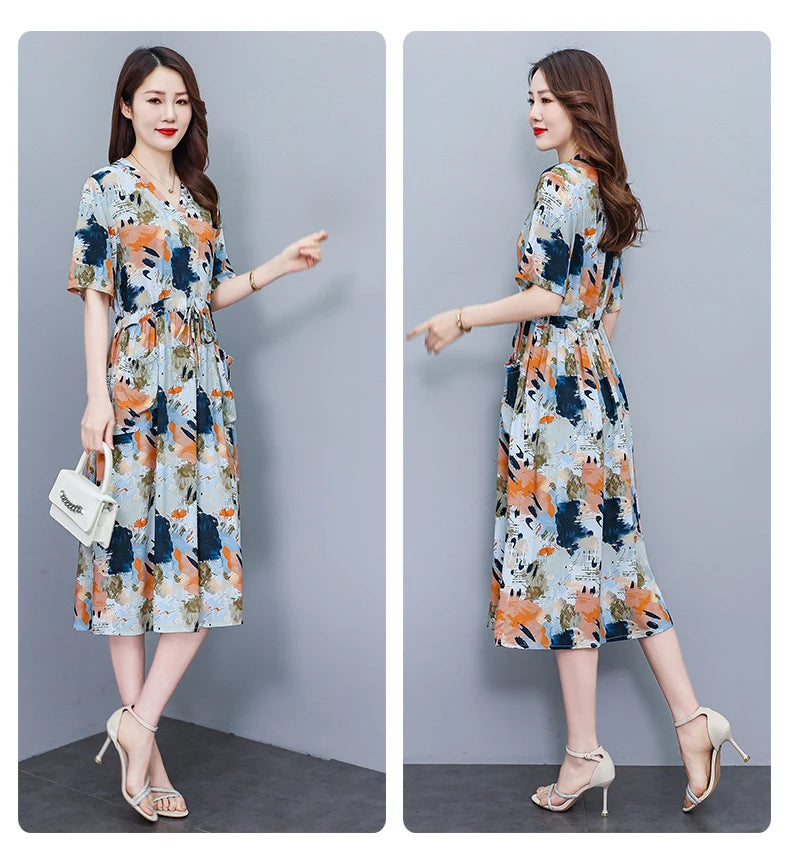 New Fashion 2025 Summer dresses For Women V-Neck Plus Size Woman Cothing Loose Short Sleeve Women Print Dresses