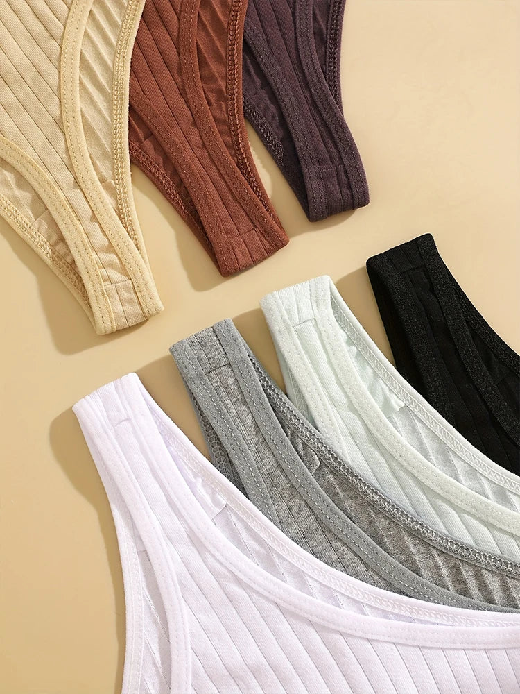 7Pcs Women'S Sexy Cotton G-String Panties Solid Color Ribbed Soft Thongs Female Low Waist Underpants Ladies Sexy Bikini Lingerie